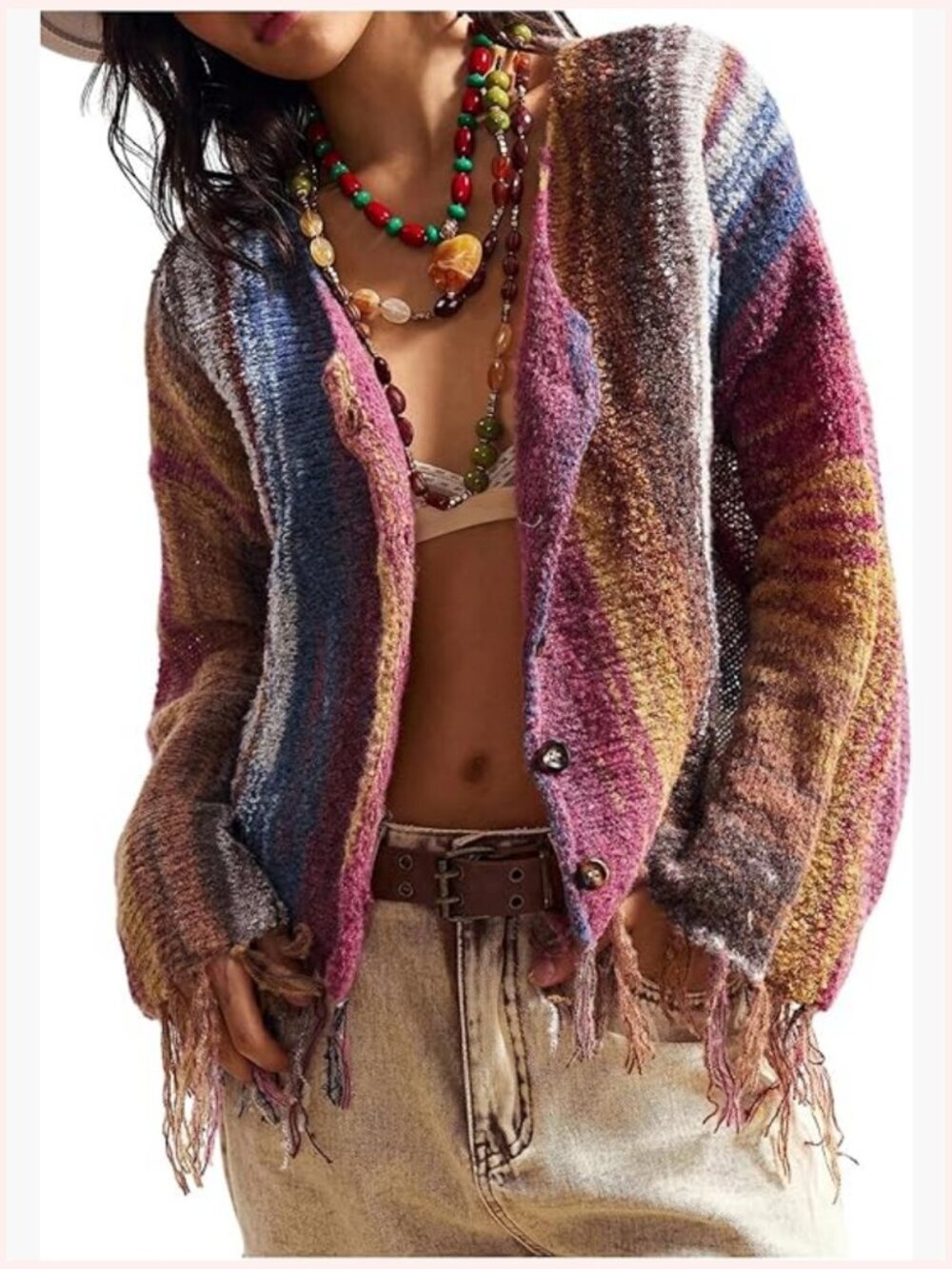 Striped Boho Cardigan Sweater Button Down Fringe Long Sleeve Knit Top